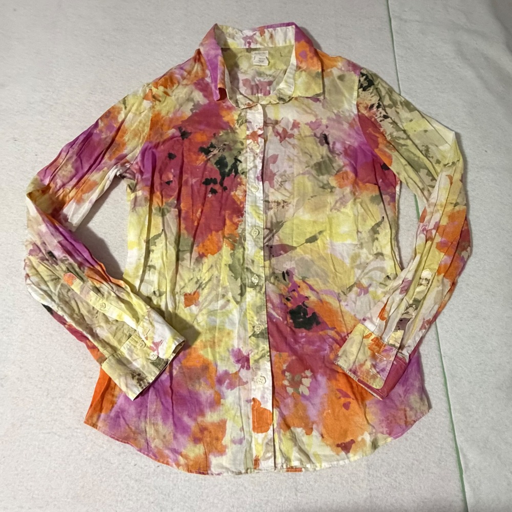 J.Crew The Perfect Shirt Womens Medium Pink Orange Floral Watercolor Button Down